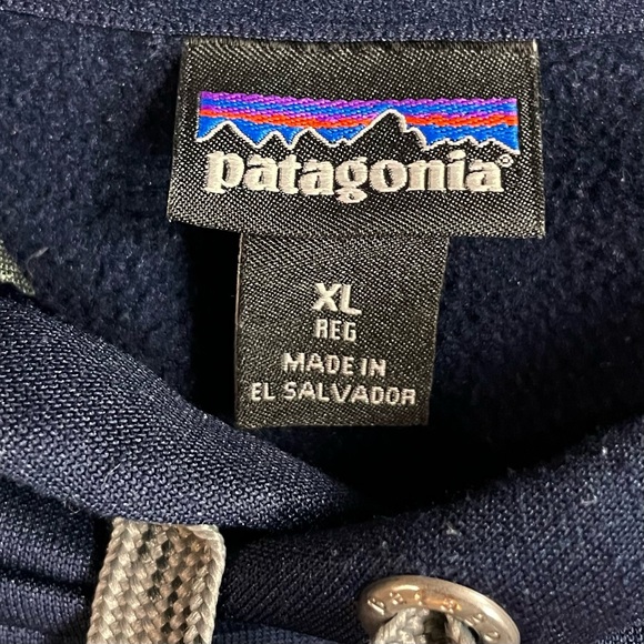Men's PATAGONIA Navy Blue TEXT LOGO Polycycle ATHLETIC Pullover HOODIE  XL - Picture 4 of 5